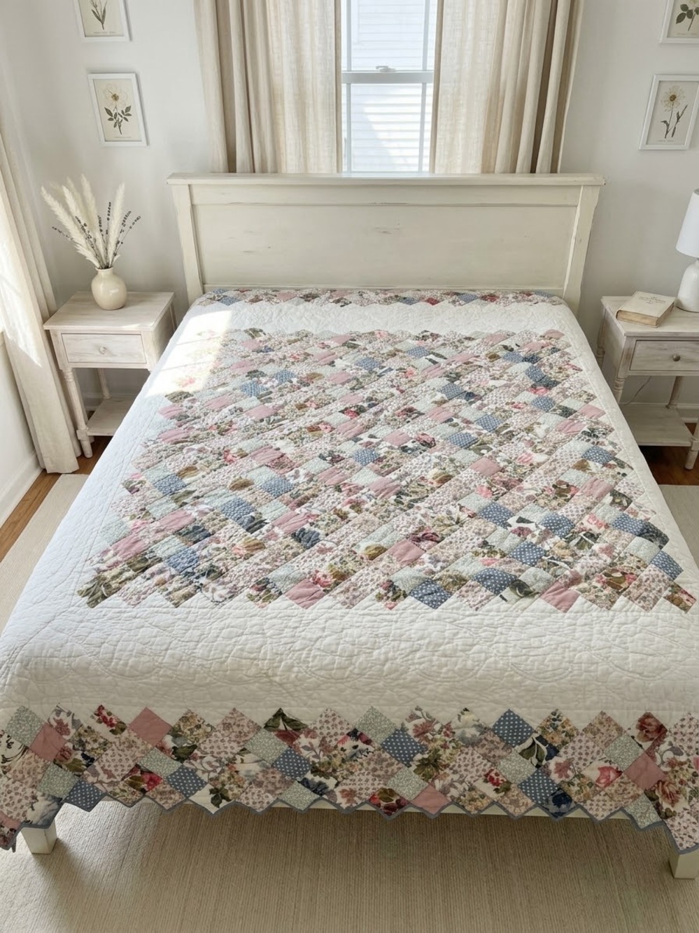Vintage Patchwork Quilt Coverlet - Pink & Blue Floral